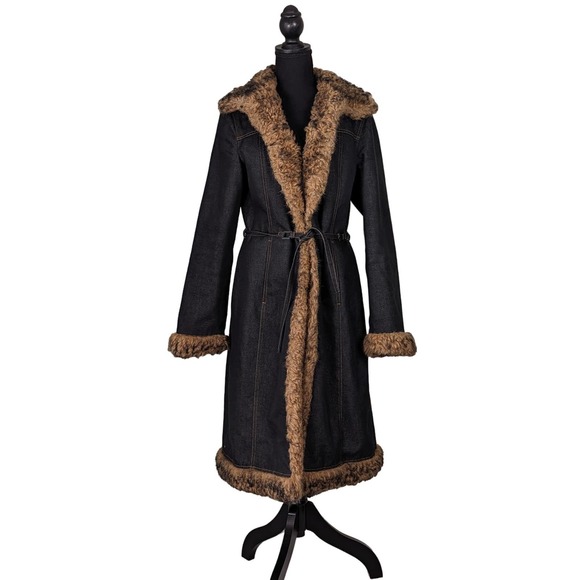 Express Jackets & Blazers - Express Denim Faux Fur Leopard Print Lining Open Front Long Coat sz 9/10